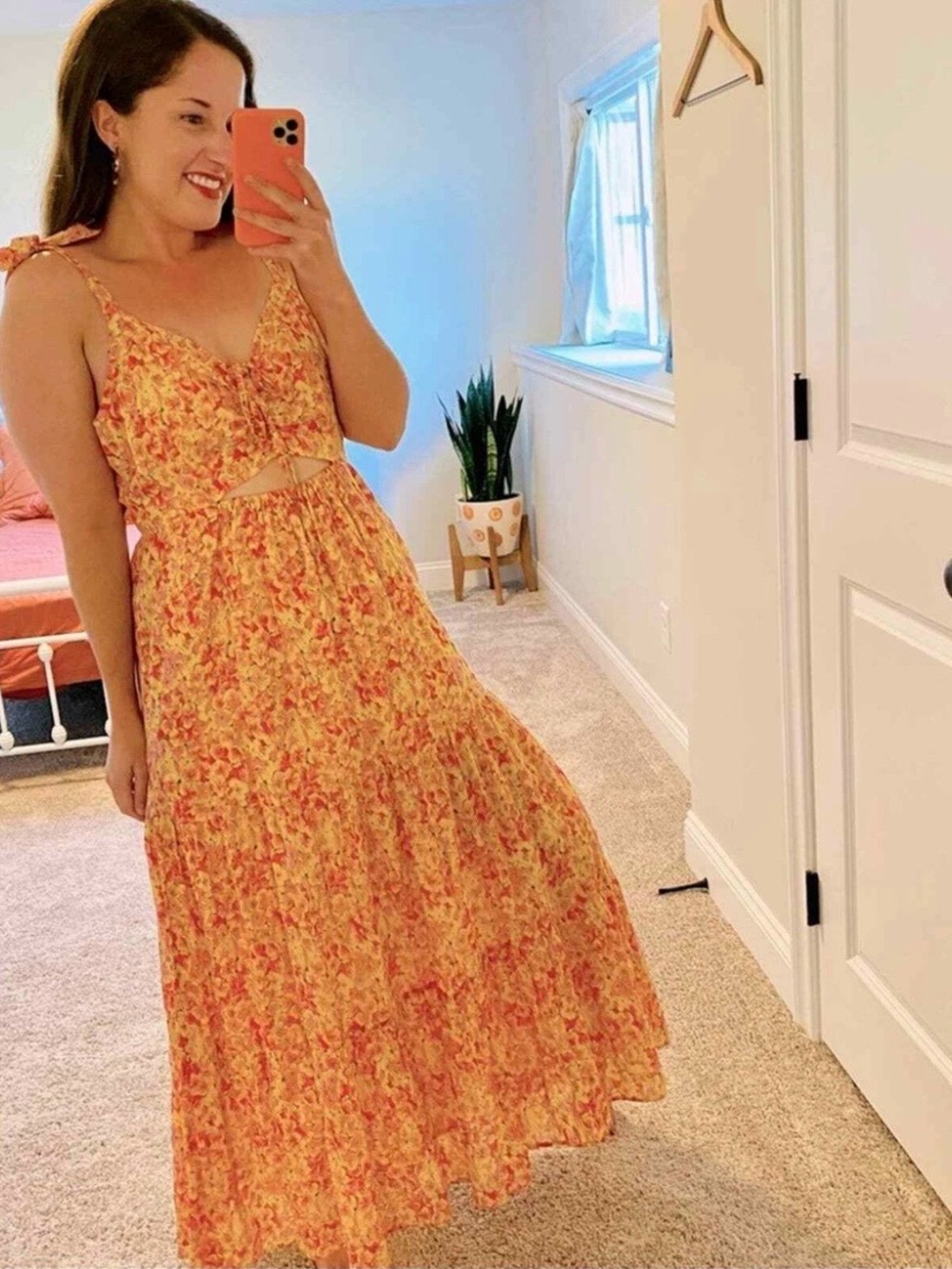 Banjanan Peach Floral Tie-Front Cutout Maxi Dress